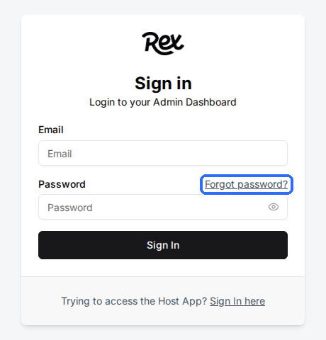 The Rex admin Sign in page with Email and Password fields and the Forgot password? link highlighted