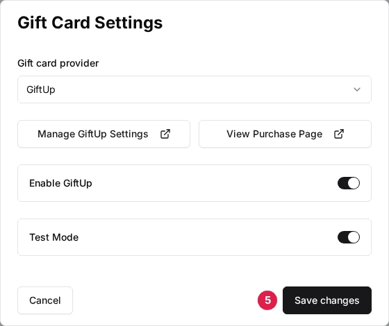 The venue's Gift Card Settings window with the Save changes button marked (5)