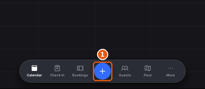 The Host App bottom bar with the blue + button in the middle highlighted, between Bookings and Guests