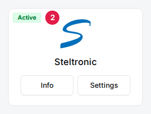 The Steltronic card with its Active badge (2) and the Info and Settings buttons