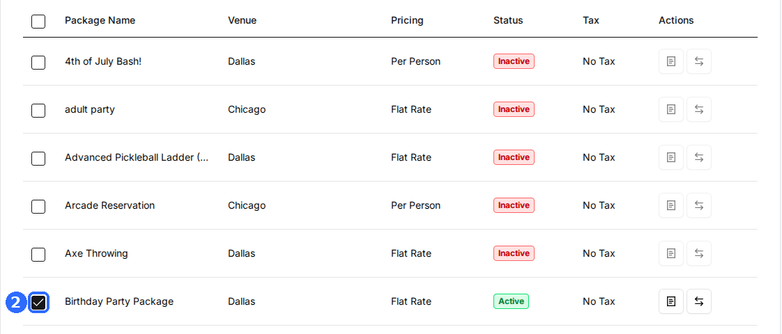The package table on an add-on's Assign tab with Birthday Party Package ticked and showing Active, and the other packages unticked showing Inactive