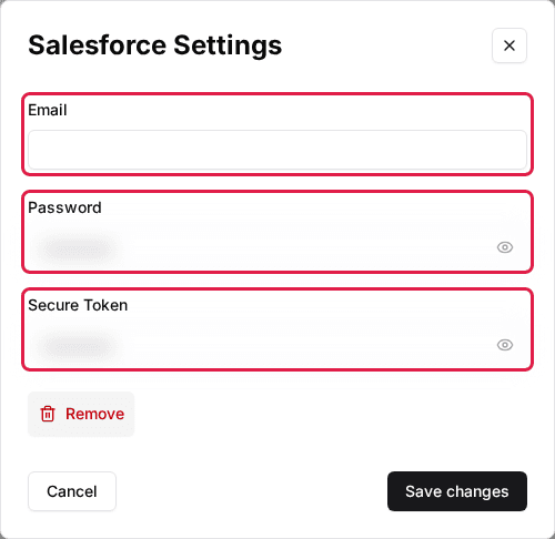 Salesforce Settings window with the Email, Password and Secure Token fields highlighted (saved values blurred)