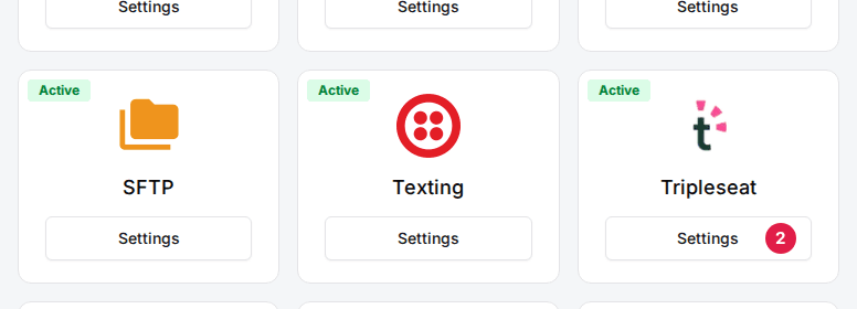 The Integrations section of the venue's General tab with the Tripleseat card's Settings button (2)