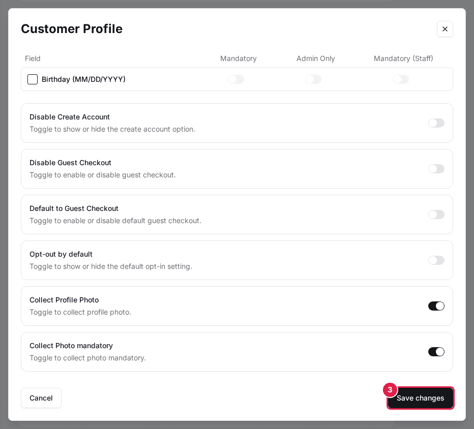 The Customer Profile dialog in Global Settings with its checkout switches and the Save changes button (3)
