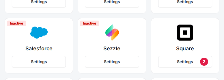 The Integrations section of the venue's General tab with the Square card's Settings button (2)