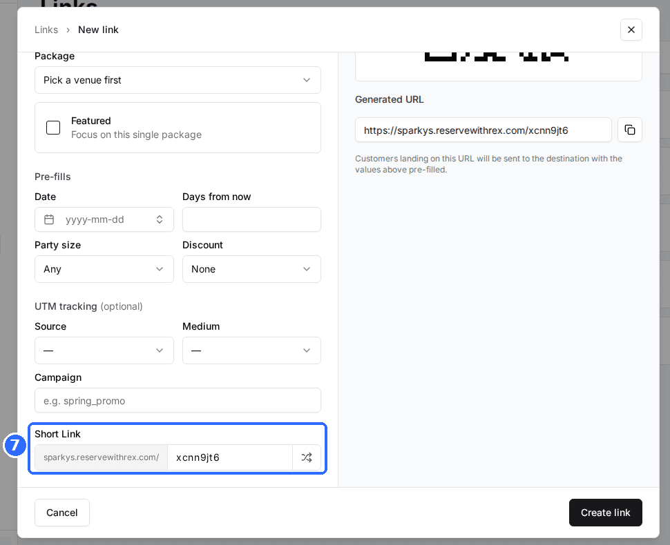 The New link window with the Short Link field highlighted, showing the booking domain, a suggested random code and the shuffle icon