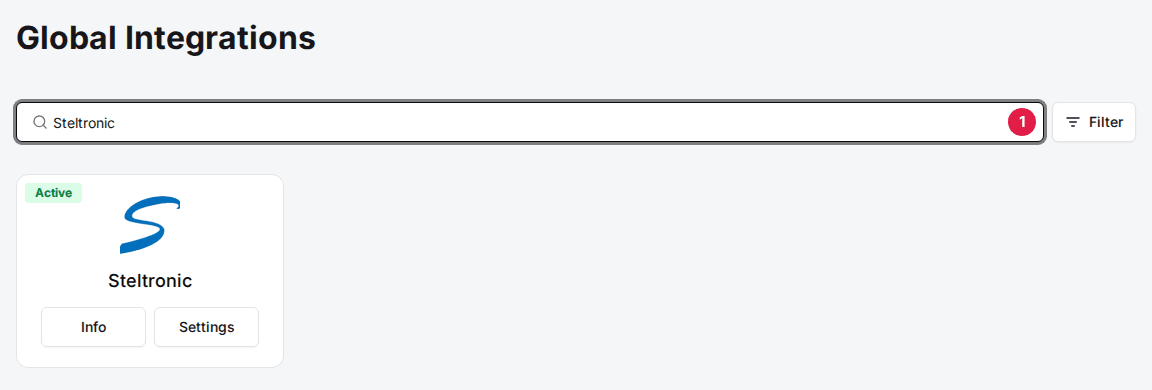 Global Integrations page with Steltronic typed in the search box (1) and the Steltronic card below