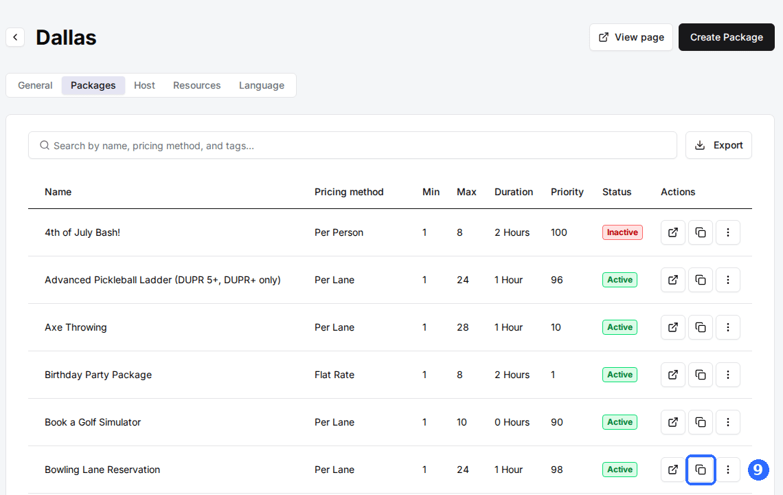The Packages tab of a venue listing packages, with the copy icon highlighted in one package's Actions column