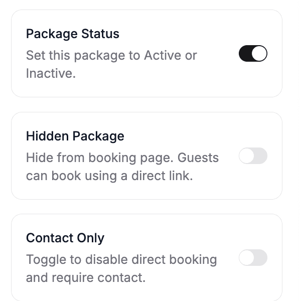 The Package Controls panel with the Hidden Package toggle and its description: Hide from booking page. Guests can book using a direct link.
