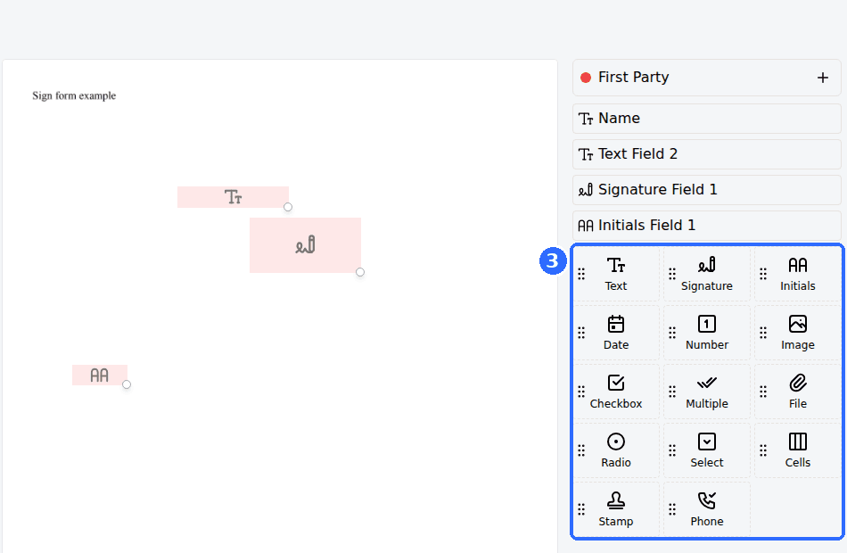 The waiver editor with text, signature and initials fields placed on the document and the field types (Text, Signature, Initials, Date, Number, Image, Checkbox, Multiple, File, Radio, Select, Cells, Stamp, Phone) on the right