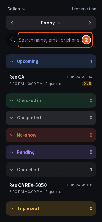 Check In list with the search box marked above the status groups Upcoming, Checked in, Completed, No-show, Pending, Cancelled and Tripleseat