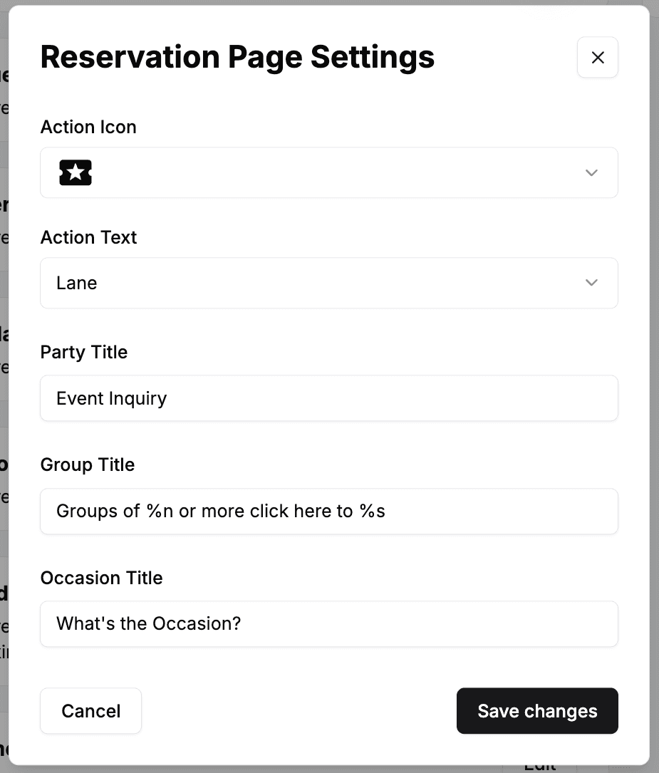 The Reservation Page Settings modal with the Action Icon, Action Text, Party Title, Group Title, and Occasion Title fields