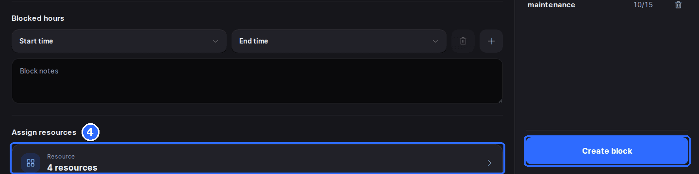 The bottom of the Host App Create block form with 4 resources chosen under Assign resources and the Create block button