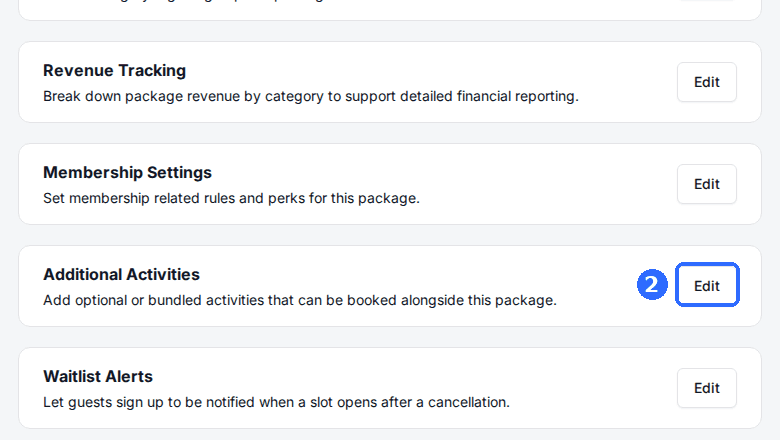 The package page cards with the Edit button highlighted on the Additional Activities card.