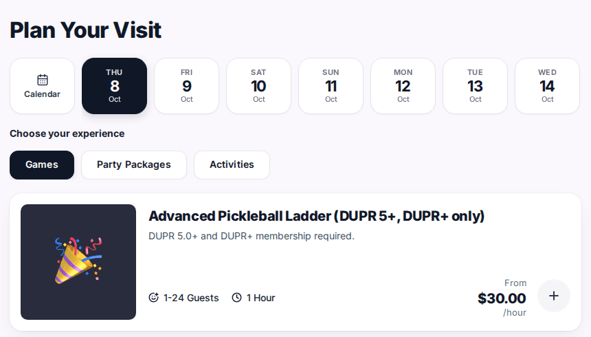 The reservation page opened from a hidden package's direct link, showing only the Advanced Pickleball Ladder package card.