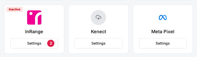 The Integrations section of the venue's General tab with the InRange card's Settings button (2)