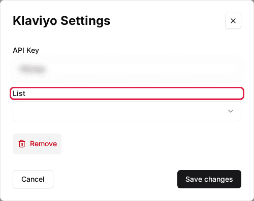 Klaviyo Settings window with the List dropdown highlighted and the API key blurred