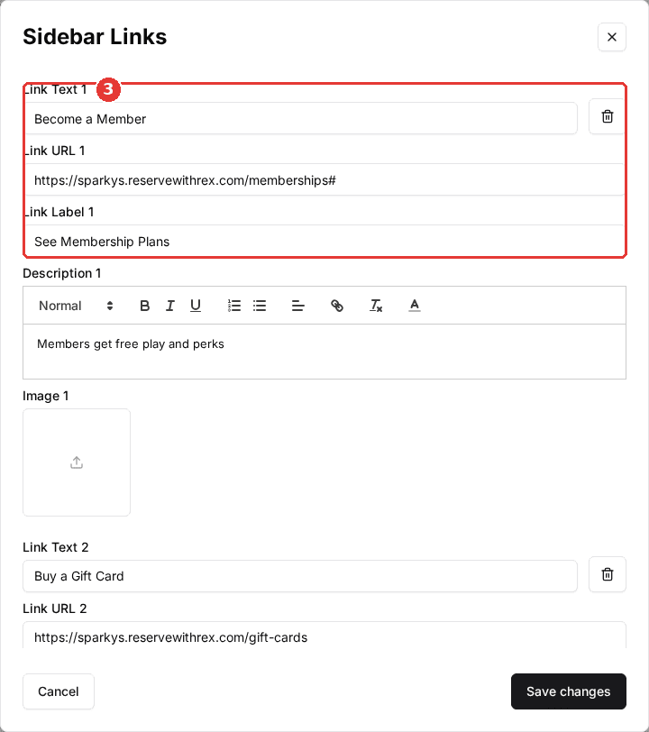 The Sidebar Links dialog, with Link Text 1, Link URL 1, Link Label 1, Description 1 and Image 1 for a membership link