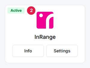 The InRange card with its Active badge (2) and the Info and Settings buttons