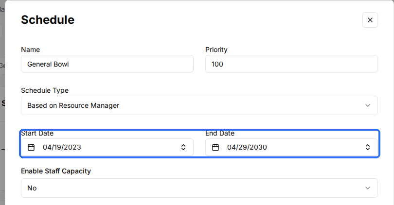 A package's Schedule window with Schedule Type and the Start Date and End Date fields highlighted