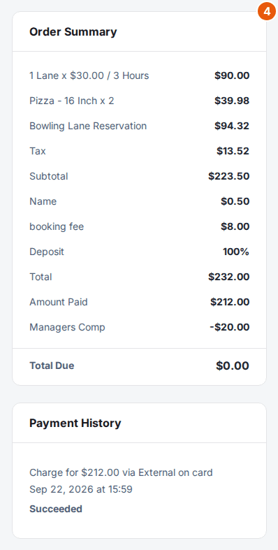 The Order Summary card itemising the booking, add-on, tax, subtotal, fees, deposit, total, amount paid and Managers Comp down to Total Due, above the Payment History card with one succeeded charge