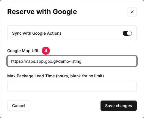 The venue's Reserve with Google window with the Google Map URL field marked (4), filled with a placeholder link