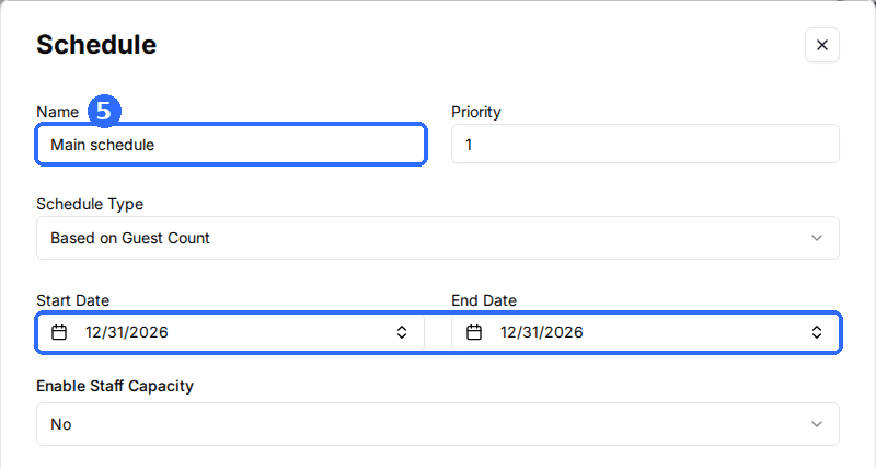 The Schedule window for an event with Name, Priority, Schedule Type, and Start Date and End Date both set to 12/31/2026.