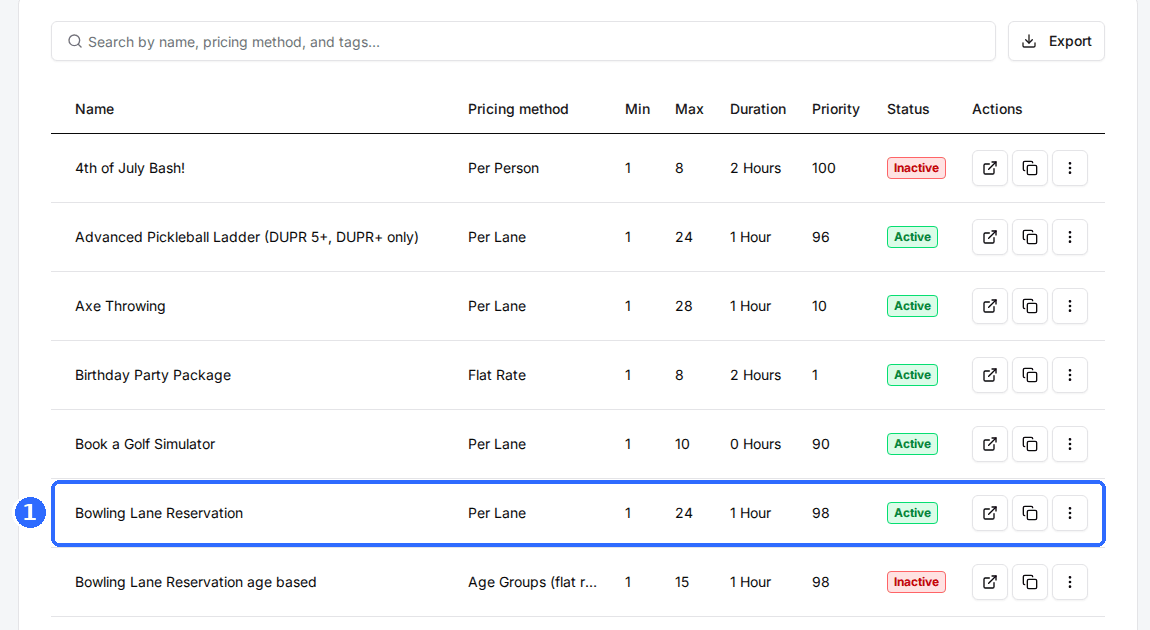The Packages tab list with the Bowling Lane Reservation package row highlighted.