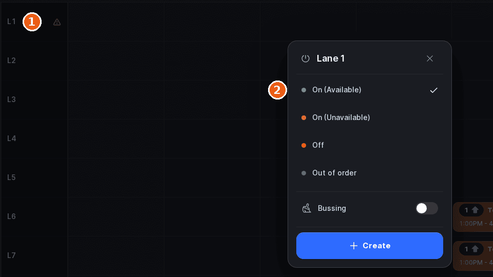 Lane 1 status menu opened from the resource column, showing On (Available), On (Unavailable), Off, Out of order, Bussing and Create