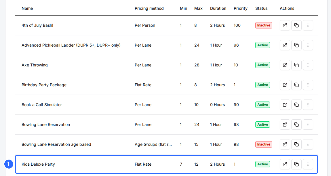 The Packages tab list with the Kids Deluxe Party package row highlighted.
