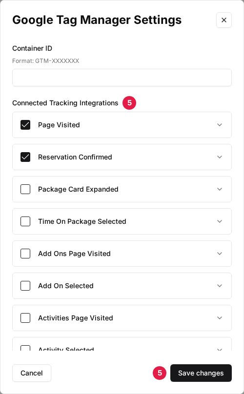 Google Tag Manager Settings window with the Connected Tracking Integrations checklist (5) and the Save changes button (5); two events ticked