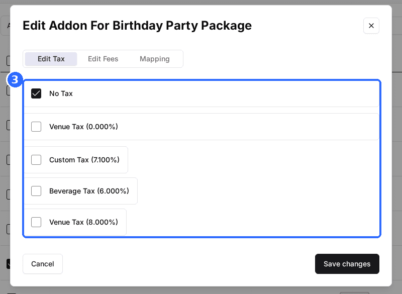 The Edit Addon For Birthday Party Package window on the Edit Tax tab with No Tax ticked and checkboxes for Venue Tax and each additional tax