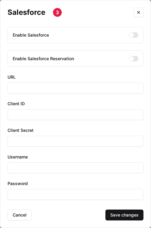 The venue's Salesforce window: Enable Salesforce, Enable Salesforce Reservation, URL, Client ID, Client Secret, Username and Password (3)