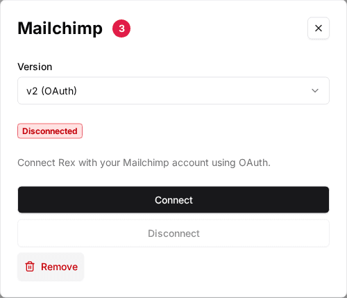 The Mailchimp window (3) on the account's Global Integrations page, showing Version v2 (OAuth), a Disconnected badge and the Connect button