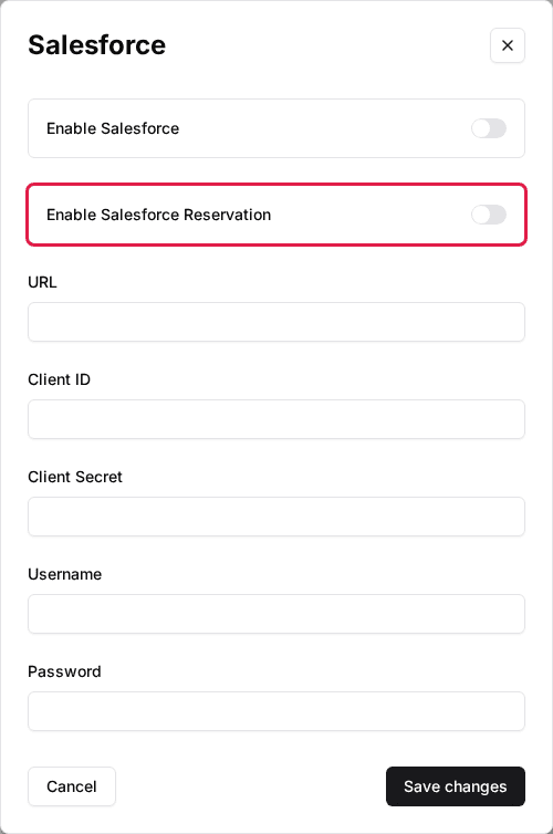 The venue's Salesforce window with the Enable Salesforce Reservation switch highlighted