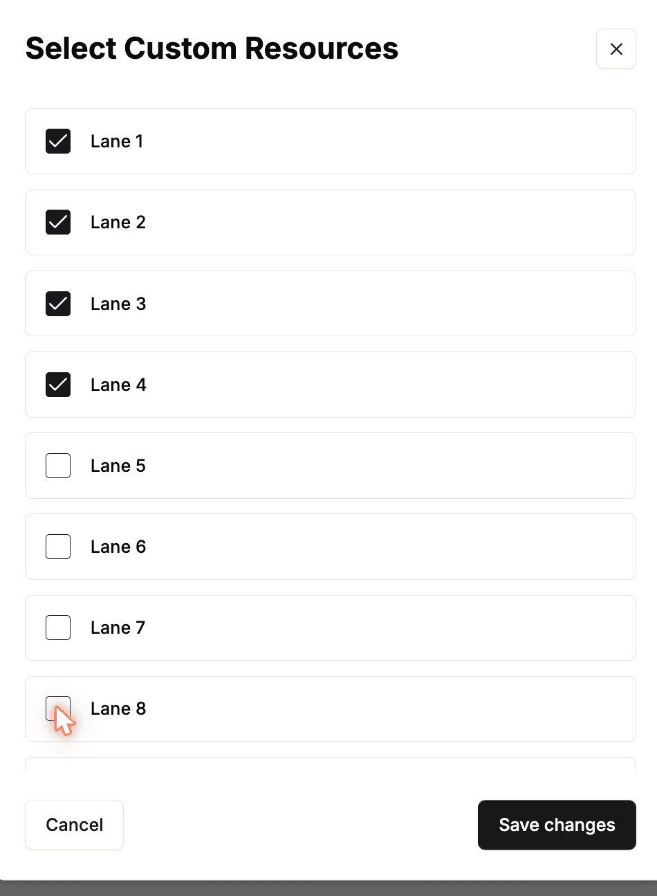 The Select Custom Resources dialog with only Lanes 1 through 4 checked