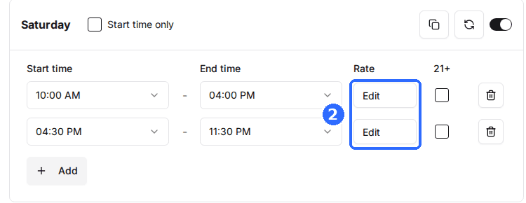 Time slots where the Rate column shows Edit for each slot.