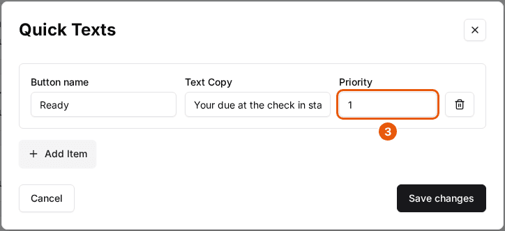 The Quick Texts window with the Priority field of an entry highlighted
