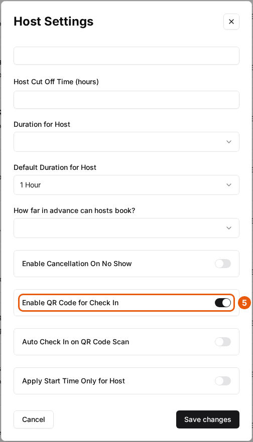 A package's Host Settings window with the Enable QR Code for Check In switch highlighted, above Auto Check In on QR Code Scan