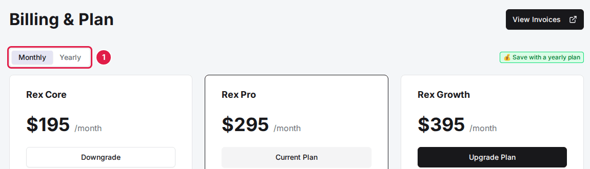 The Billing & Plan page with the Monthly and Yearly tabs outlined above the plan cards for Rex Core, Rex Pro and Rex Growth (1). The account shown is a demo account, so its current plan is an example.