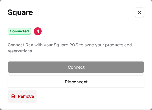 The Square window showing the Connected badge (4) after the account is connected, with Connect greyed out and Disconnect available