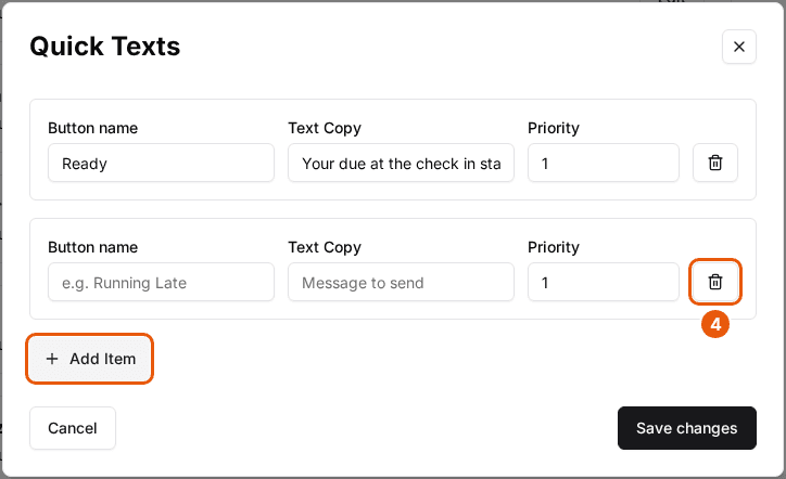 The Quick Texts window with two entries, the Add Item button and the trash icon on the second entry highlighted