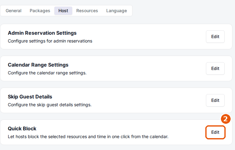 The Host tab of a venue in the admin dashboard with the Edit button on the Quick Block card highlighted