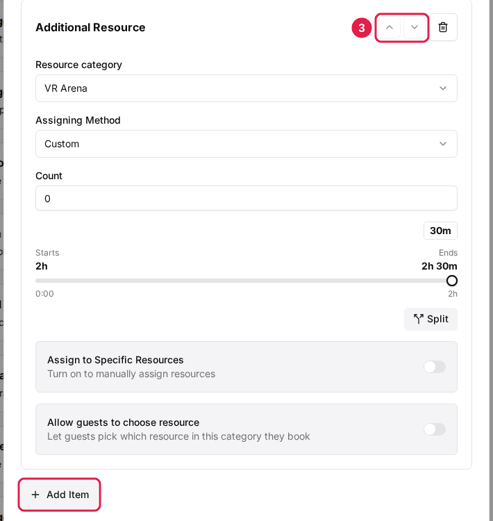 Additional Resource row with the up and down order arrows and the Add Item button highlighted