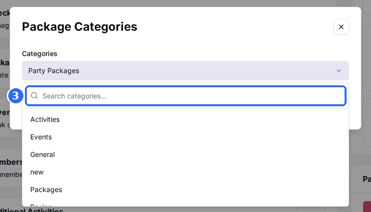The Package Categories window with the Categories selector open, showing the Search categories box and the list of categories