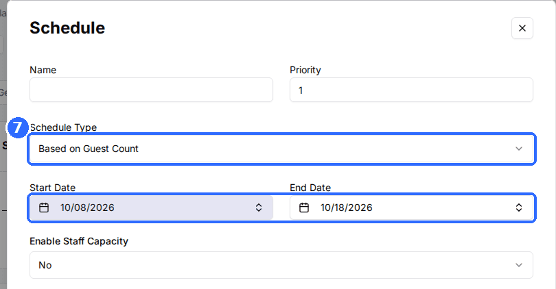 The Schedule window with Schedule Type set to Based on Guest Count and the Start Date and End Date fields