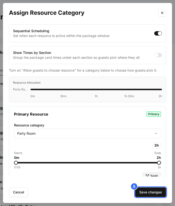 The Assign Resource Category window with Sequential Scheduling on, the Resource Allocation timeline and the Save changes button marked