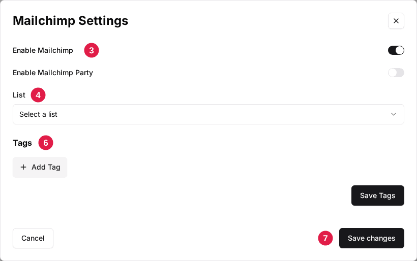The venue's Mailchimp Settings window: Enable Mailchimp (3), List (4), Tags (6) and Save changes (7)