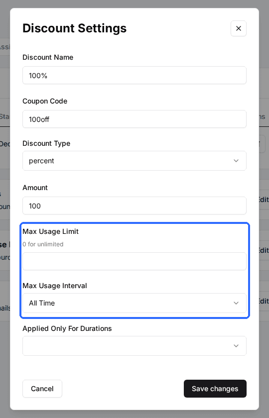 The Discount Settings window with Max Usage Limit (0 for unlimited) and Max Usage Interval set to All Time highlighted