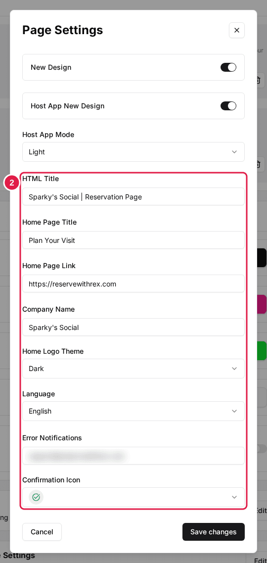 The full Page Settings dialog with the text and option fields highlighted: HTML Title, Home Page Title, Home Page Link, Company Name, Home Logo Theme, Language, Error Notifications and Confirmation Icon